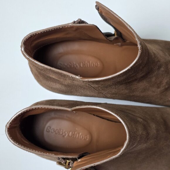 See By Chloe Brown Suede Ankle Booties US 8.5 EU 38.5 Spain Stacked Heel Elegant - Picture 16 of 16
